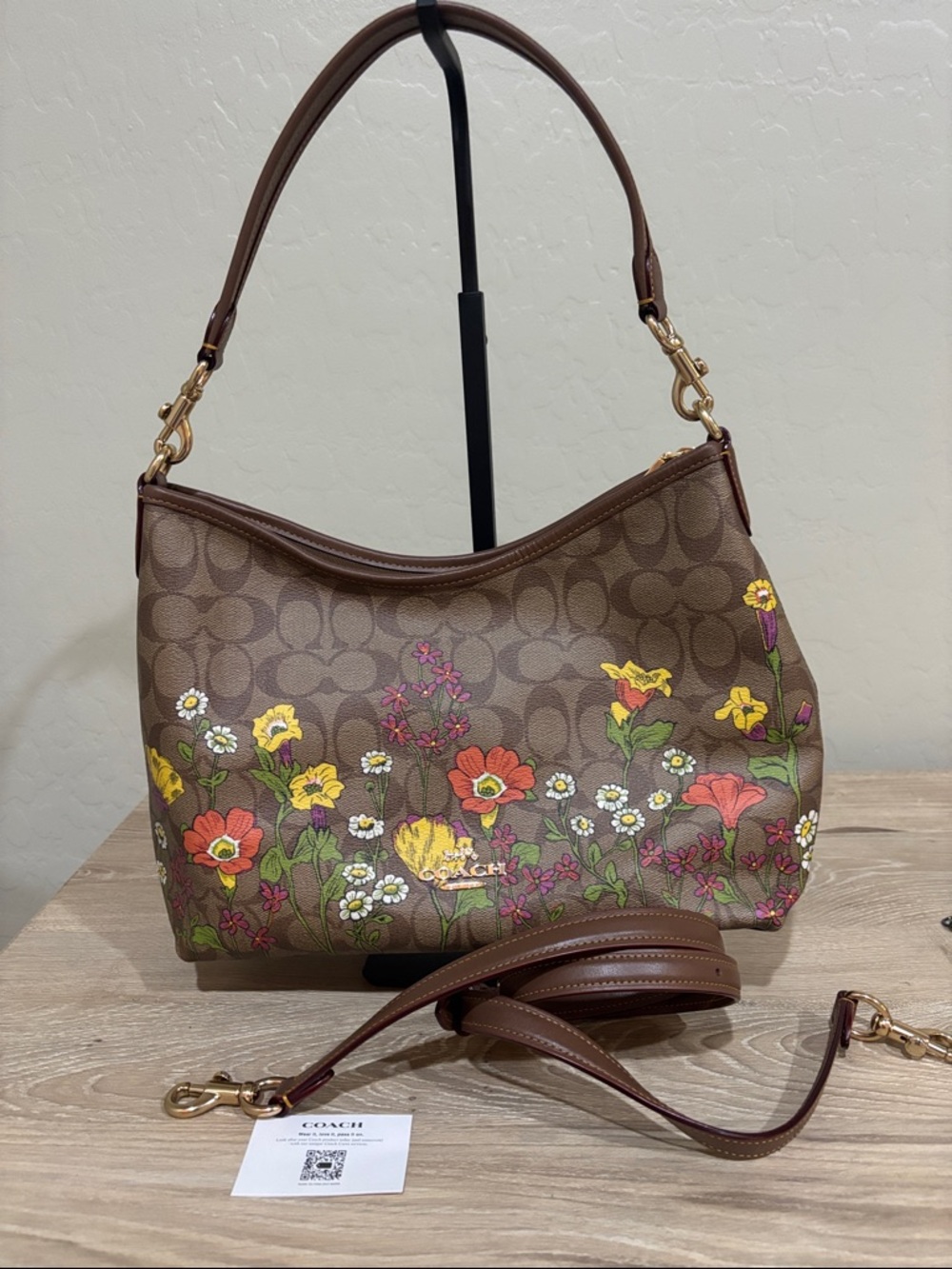 Coach Laurel Brown Signature Canvas Shoulder Bag with Floral Print